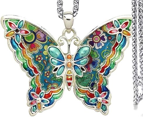 Diana L Boutique Silvertone Abalone Butterfly Pendant Necklace 24" Stainless Steel Chain in Saudi Arabia