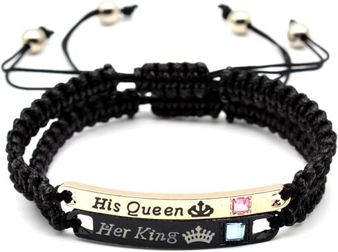 2Pcs Engraved His Queen Her King Couple Matching Bracelet Set Handmade Lucky Adjustable Braide Rope String Bracelet for Women Men Girlfriend Boyfreind Lover Protection Relationship Jewelry Gift in Kuwait