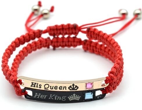 2Pcs Engraved His Queen Her King Couple Matching Bracelet Set Handmade Lucky Adjustable Braide Rope String Bracelet for Women Men Girlfriend Boyfreind Lover Protection Relationship Jewelry Gift in Kuwait