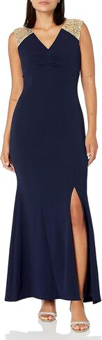 S.L. Fashions Women's Long V-Neck Sleeveless Fit and Flare Dress Sequin and Slit in Kuwait