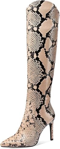 Jimishow Snakeskin Boots For Women Knee High Heels Stiletto Pointy snake skin Print Fashion Boots Size 5-13 US in Saudi Arabia