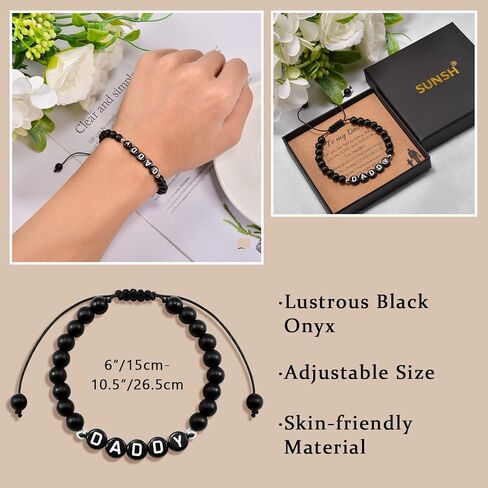 SUNSH Gifts for Dad Daddy Papa Father Adjustable Black Agate Beaded Bracelets for Men Fathers Day Gifts from Daughter Son Wife Birthday Gifts for Dad, Stone, Agate in Kuwait