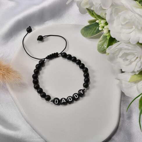 SUNSH Gifts for Dad Daddy Papa Father Adjustable Black Agate Beaded Bracelets for Men Fathers Day Gifts from Daughter Son Wife Birthday Gifts for Dad, Stone, Agate in Kuwait