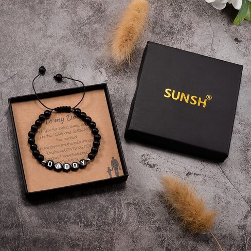 SUNSH Gifts for Dad Daddy Papa Father Adjustable Black Agate Beaded Bracelets for Men Fathers Day Gifts from Daughter Son Wife Birthday Gifts for Dad, Stone, Agate in Kuwait