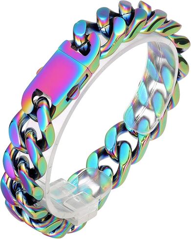 ROWIN&CO Stainless Steel Curb Cuban Link Bracelet Men/Women Black/18k/Gold/Silver/Blue/Rainbow, Thick Wristchain, Hip hop Jewelry Miami Cuban Link Chain, Sturdy & Nickel-free, W: 15mm, L: 7.67" to 9.5". in Saudi Arabia