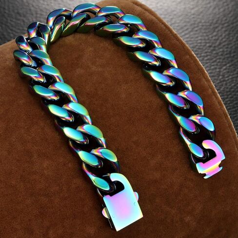 ROWIN&CO Stainless Steel Curb Cuban Link Bracelet Men/Women Black/18k/Gold/Silver/Blue/Rainbow, Thick Wristchain, Hip hop Jewelry Miami Cuban Link Chain, Sturdy & Nickel-free, W: 15mm, L: 7.67" to 9.5". in Saudi Arabia