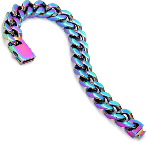 ROWIN&CO Stainless Steel Curb Cuban Link Bracelet Men/Women Black/18k/Gold/Silver/Blue/Rainbow, Thick Wristchain, Hip hop Jewelry Miami Cuban Link Chain, Sturdy & Nickel-free, W: 15mm, L: 7.67" to 9.5". in Saudi Arabia