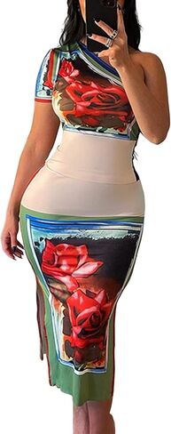 DOUCIU حريمي قطعتين أكتاف مائلة مفتوحة من الخلف قطعة علوية قصيرة عالية الخصر مزاجه زهرة طباعة بدلة تنورة طويلة ضيقة in Kuwait