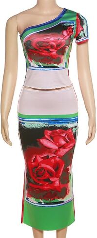 DOUCIU حريمي قطعتين أكتاف مائلة مفتوحة من الخلف قطعة علوية قصيرة عالية الخصر مزاجه زهرة طباعة بدلة تنورة طويلة ضيقة in Kuwait