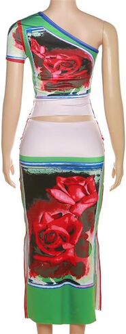 DOUCIU حريمي قطعتين أكتاف مائلة مفتوحة من الخلف قطعة علوية قصيرة عالية الخصر مزاجه زهرة طباعة بدلة تنورة طويلة ضيقة in Kuwait