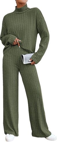 OYOANGLE Women's 2 Piece Outfits Mock Neck Long Sleeve Ribbed Tee Shirt and Wide Leg Pants Set in Saudi Arabia
