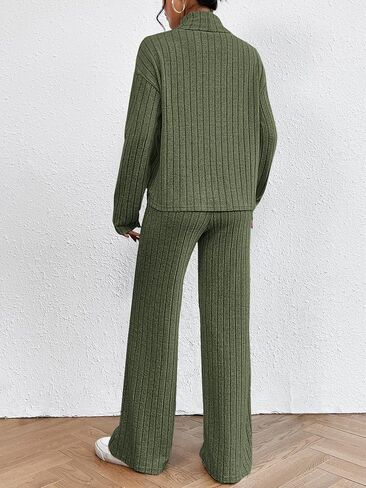 OYOANGLE Women's 2 Piece Outfits Mock Neck Long Sleeve Ribbed Tee Shirt and Wide Leg Pants Set in Saudi Arabia