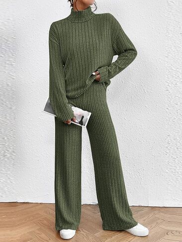 OYOANGLE Women's 2 Piece Outfits Mock Neck Long Sleeve Ribbed Tee Shirt and Wide Leg Pants Set in Saudi Arabia