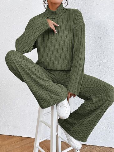 OYOANGLE Women's 2 Piece Outfits Mock Neck Long Sleeve Ribbed Tee Shirt and Wide Leg Pants Set in Saudi Arabia