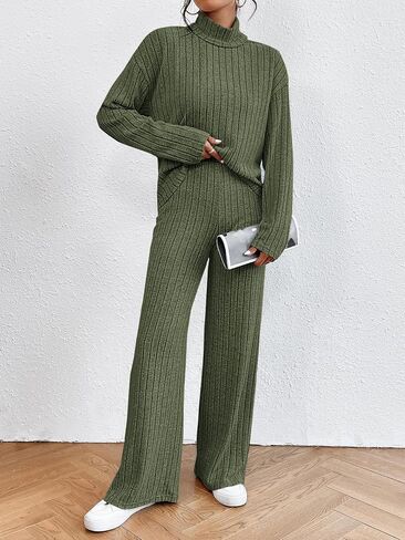 OYOANGLE Women's 2 Piece Outfits Mock Neck Long Sleeve Ribbed Tee Shirt and Wide Leg Pants Set in Saudi Arabia