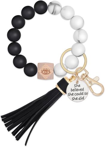 brvayirl Keychain Wristlet Stretchy Bracelet,with Evil Eye Beads,Tassel,with Pendant She Believed She Could So She Did,Practical Gifts For Yourself or Daughter Mom Best Friends in Kuwait