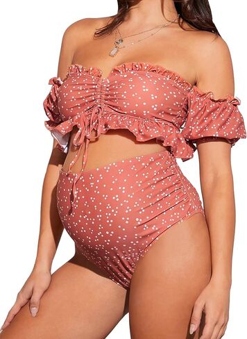 OYOANGLE Women's Maternity 2 Piece Bikini Set Polka Dots Off Shoulder Swimsuits High Waisted Pregnancy Swimwear in Saudi Arabia