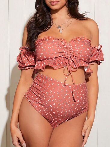 OYOANGLE Women's Maternity 2 Piece Bikini Set Polka Dots Off Shoulder Swimsuits High Waisted Pregnancy Swimwear in Saudi Arabia