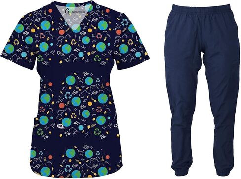 Green Town Scrubs for Women Scrub Set - Print Top and Jogger Pant, Easy Care Uniforms in Saudi Arabia