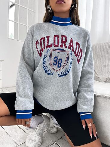 COZYEASE Women's Letter Graphic Mock Neck Drop Shoulder Sweatshirt Long Sleeve Pullover Sweatshirts Tops in Saudi Arabia