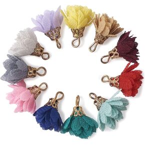 KISSITTY 84pcs Random Mixed Color Cloth Flower Charms 3 Style Fabric Floral Petal Tassel with Acrylic Caps Key Chian Earring Bracelet Necklace Jewelry Making Findings