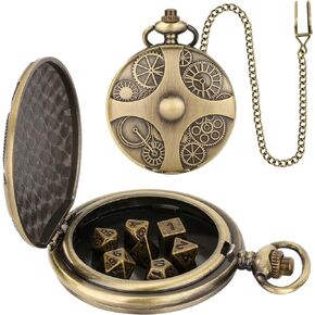 مجموعة النرد الصغيرة DND مع علبة صدفية لساعة الجيب Steampunk Gear البرونزية، مجموعة نرد D&D معدنية متعددة السطوح 7 قطع، هدايا الزنزانات والتنينات مع صندوق هدايا، ملحقات ألعاب لوح اللعب