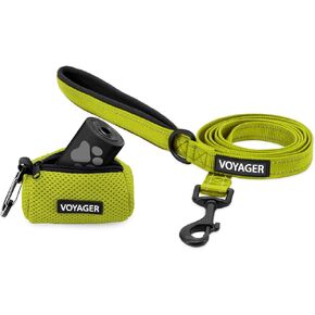 Voyager Reflective Dog Leash with Neoprene Handle, 5 FT. and Reusable Mesh Dispenser Poop Bag Holder Set for Travel, Walking, Park and Outdoor Use, Soft and Durable with Clip-On - Baby Blue