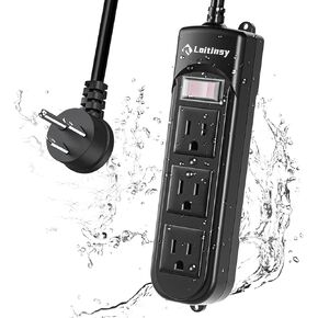 Outdoor Power Strip Weatherproof, Waterproof Flat Plug with 3 Outlets, 6.5 FT Extension Cord, Overload Protection and Shockproof, Suitable for Home and Outside, Wall Mountable, Black