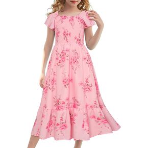 GRACE KARIN Floral Dress for Girls 2024 Spring Easter Dress Flutter Sleeve Smocked Summer Maxi Dress 8-10 Years,Flowers on Light Pink