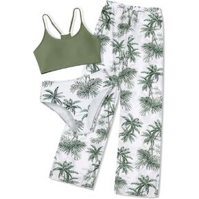 Girls Swimsuit Bikini Set, 3 Piece Girl Bathing Suits Tropical Floral Swimwear with Cover Up Pants Size 7-16