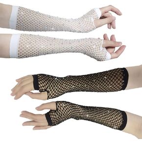 Rhinestone Fishnet Gloves Fingerless Sparkly Crystal Glitter Mesh Skull Glove 80s 1920s Accessories Black&White