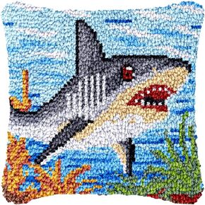 Shark Latch Hook Kits Pillow Crochet Yarn Rug Pre-Printed Cushion Needlework Pillowcase DIY Hook and Latch Kit Christmas Home Sofa Decoration 43x43cm(2)