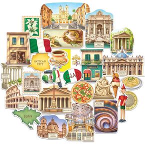Navy Peony Historical Rome Travel Stickers (28pcs) - Gouache Style, Waterproof, Italy Roman Vatican-Themed Vacation Decals for Scrapbooks, Waterbottle