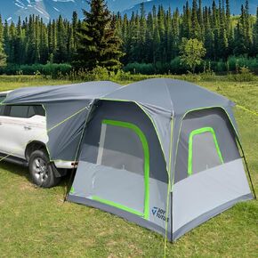 JOYTUTUS Dual-Use SUV Tent with Big Awning, SUV Camping Tent with Rainfly, Movie Screen and Four Steel Frame Poles, SUV Tailgate Tent with Awning Shade, Car Roof Canopy for SUV CUV Van