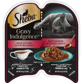 Sheba Gravy Indulgence Adult Wet Cat Food (24 Count, 48 Servings), Beef Entrée in Extra Gravy, Easy Peel Twin-Pack Trays