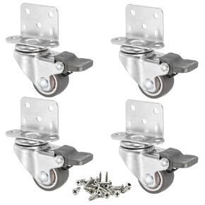 L-Shape Caster Wheels 1 Inch, Low Profile Small Caster Wheels with 4 Brakes, Side Mount Plate, Ball Bearing Silent Rubber Swivel Wheels for Furniture, Rolling Cabinet, Trundle Bed, Tables 4 Pack