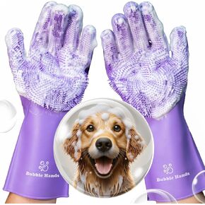 Dog Washing Gloves with Bristle Scrubbers, Reusable Silicone Gloves Ideal for Pet Bathing, Massaging & Grooming (Purple)
