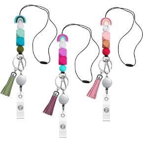 3 Sets Silicone Beaded Lanyards for ID Badges and Keys, Boho Neck Lanyard Necklaces with Retractable Badge Reel Holders, Tassel Keychain Strap Lanyard for Women Girls Teacher Students Nurses