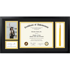 Golden State Art, Diploma Frame with Tassel Holder 11x22 Frame for 8.5x11 Document/Certificate, 4x6 Photo with Double Mat (White Over Gold), Tassel Holder & Real Glass, Black