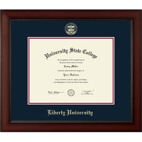 Liberty University 11" W X 8.5" H Diploma Frame - Fits An Associate's and Bachelor's - Gold Embossed Diploma Frame - Cherry Moulding with Navy and Red Matting - Officially Licensed