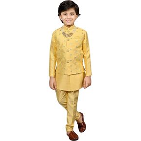 AHHAAAA Kids Ethnic Silk Blend Traditional Wear Bollywood Style Sherwani Waistcoat Kurta and Pyjama with Mala for Boys 524