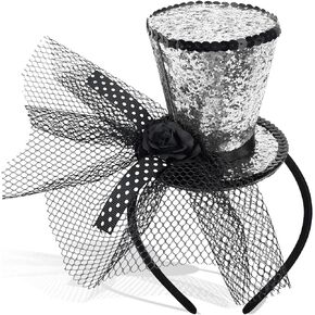 Silver Glitter Mini Top Hat on Headband with Veil for Women Gril Halloween Christmas New Year Stage Show Dress Up Carnival