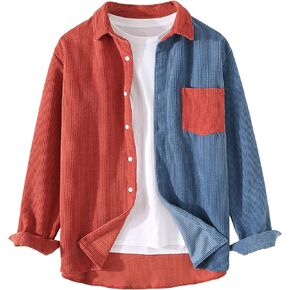 Men's Regular Fit Corduroy Shirt Color Block Button Up Shacket Jacket