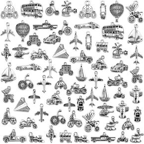 JIALEEY Transportation Vehicle Theme Charms, Wholesale Bulk Lots Alloy Charms Pendants DIY for Jewelry Making and Crafting, Antique Silver 70PCS