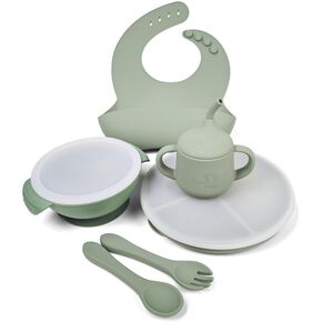 Silicone Baby Feeding Set, Baby Led Weaning Supplies, Divided Suction Plate, Suction Bowl, Lids, Training Cup, Bib, Self-Feeding Utensils