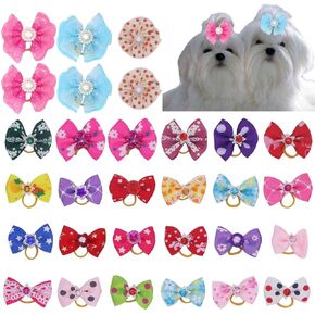 100pcs Dog Bows with Rubber Bands Bows Bowknot Dog Hair Bows Multicolor Rhinestone Beads Flowers Topknot Puppy Bows,Mixed Style