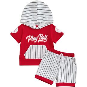 Meiweileya Toddler Baby Boy Baseball Outfits Short Sleeve Play Ball Hoodie Tshirt Striped Jogger Shorts Set Summer Clothes