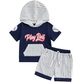 Meiweileya Toddler Baby Boy Baseball Outfits Short Sleeve Play Ball Hoodie Tshirt Striped Jogger Shorts Set Summer Clothes in Kuwait