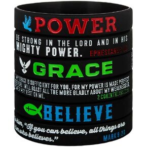 Sainstone 3-Pack POWER GRACE BELIEVE - Ephesians 6:10, 2 Corinthians 12:9, Mark 9:23 - Motivational Bible Verses Silicone Bracelets Christian Wristbands Gifts for Religious Party Favors