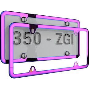 Chrome License Plate Frame, Exclusive Chameleon License Plate Cover Flowery Hot Pink Purple and Blue, 2 Pack for Car Plate (Purple Pink with Blue)